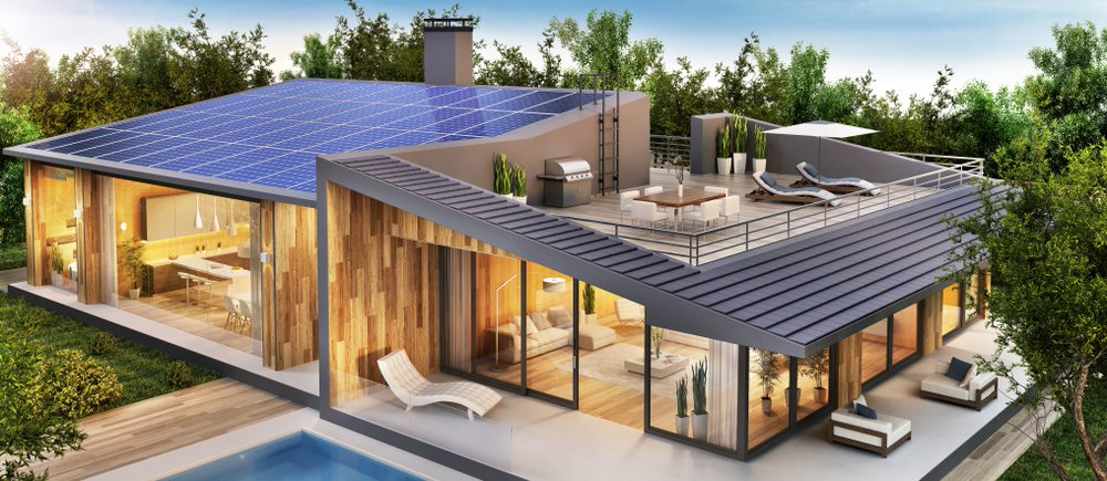 modern home with solar panels and rooftop terrace